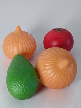 Bundle of 4 Fruit & Vegetable Shaped Storage Containers –Onion, Tomato & Avocado